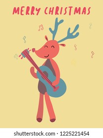 Christmas card cute reindeer play guitar