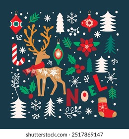 Christmas card with cute reindeer.Cartoon background with animal character in scarf,Christmas tree decorations, fir trees, holly, poinsettia, berries and twigs, snowflakes.Vector flat illustration.