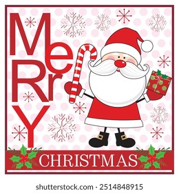 Christmas card with cute santa, candy cane and lettering