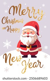 Christmas card with cute Santa Caus. Gold lettering. Vector illustration for New year invitation, postcard and banner