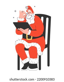 Christmas card with cute Santa Claus sitting on a chair and holding a laptop with wishing list. Merry Christmas and Happy New Year greeting. Flat Art Vector Illustration
