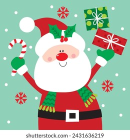 Christmas Card with Cute Santa Claus and Gifts