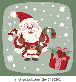Christmas Card with Cute Santa Claus with hand candy and gift  red box. Vector, card, presentation, vdo and etc.