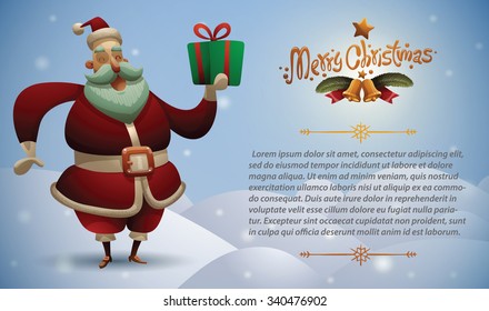 Christmas card with Cute Santa Claus holding a gift box, vector