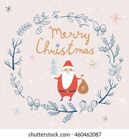Christmas card with cute Santa Claus holding bag with present and christmas tree. Cute wreath of tree branches, leaves, mushrooms, nuts and snowflakes in cartoon style.