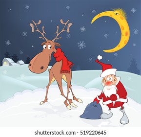 Christmas Card with Cute Santa Claus and Reindeer. Vector Illustration