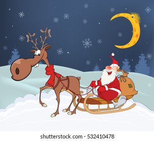 Christmas Card with Cute Santa Claus and Reindeer. Vector Illustration