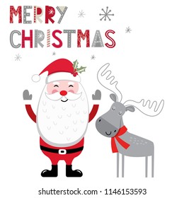 Christmas card with cute santa clause and cute moose design