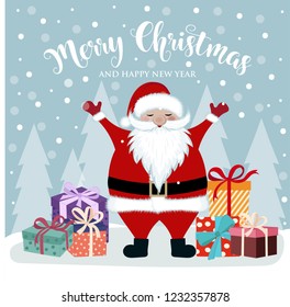 Christmas card with cute Santa and gift boxes. Flat design. Vector