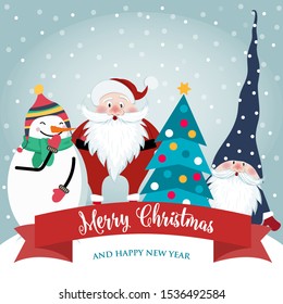 Christmas card with cute Santa, gnome and snowman. Flat design. Vector