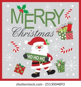 Christmas card with cute Santa, presents and lettering