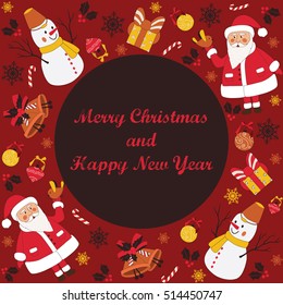 Christmas card with cute santa, snowmen and christmas gifts. EPS 8