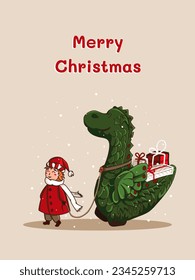 Christmas card. Cute Santa is walking with a green cute dragon with gifts. Children's New Year illustration.