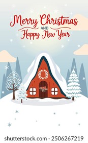 Christmas card with cute scandi house. Gold lettering. Vector illustration for New year invitation, postcard and banner