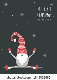 Christmas card with cute scandinavian gnome in red hat. Season greetings. Merry christmas and happy New year. Vector illustration in flat style. Nordic vintage postcard.