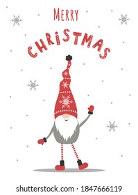 Christmas card with cute scandinavian gnome in red hat. Season greetings. Merry christmas and happy New year. Vector illustration in flat style. Nordic vintage postcard.