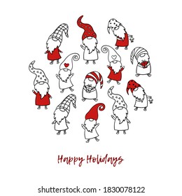 Christmas card with cute Scandinavian gnomes. Vector illustartion in hand-drawn style. 
