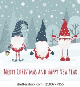 Christmas card with cute scandinavian gnomes. Flat design.