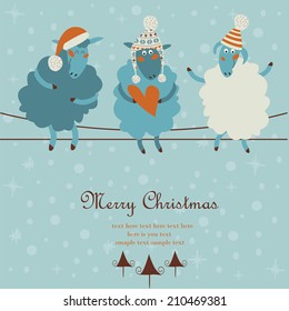 Christmas card with cute sheep in winter caps sitting on the wires. Cartoon style