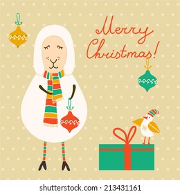 Christmas card with cute sheep in winter scarf and presents on polka-dot background. Vintage style. Perfect for Christmas cards. 