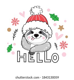 Christmas card with cute sloths on a white background. New Year's and Merry Christmas. Funny picture for winter holidays