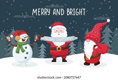 Christmas card with cute smiling characters in a snowy forest. Santa, snowman and elf with gifts wish Merry Christmas. Color vector illustration with flat cartoon characters on a dark background
