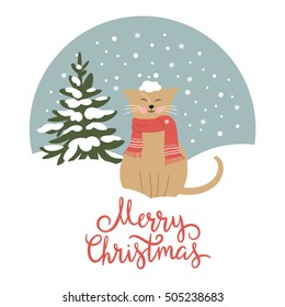 Christmas card, cute snow-covered cat