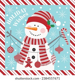 Christmas card with cute snowman and baubles