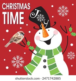 Christmas card with cute snowman and bird