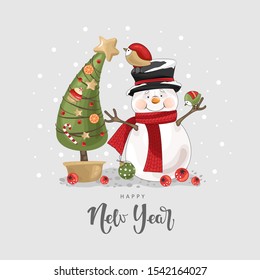 Christmas card with cute Snowman and festive elements. Vector illustration.
