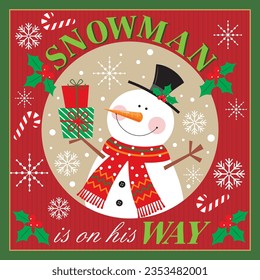 Christmas card with cute snowman and gifts