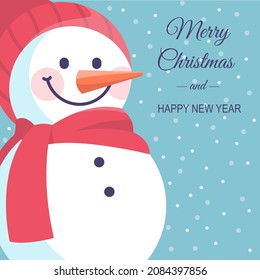 Christmas card. Cute snowman with hat and scarf on snowfall background. Happy New Year poster. Winter vector illustration