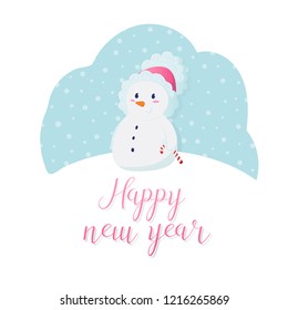 Christmas card with cute snowman and inscription happy new year. Vecrtor Illustration on a white background