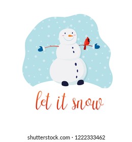 Christmas card with cute snowman and inscription let it snow. Vecrtor Illustration on a white background
