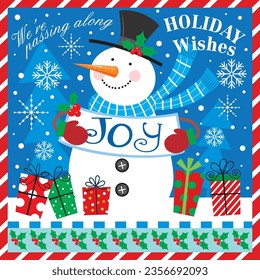 Christmas card with cute snowman, joy and gifts