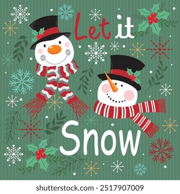 Christmas card with cute snowman and let it snow