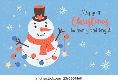 Christmas card with cute snowman with New Year garland on blue background with congratulations. Vector horizontal illustration. Xmas and new year design, holiday decor.