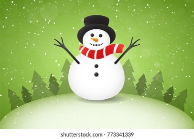 Christmas card with cute Snowman on background with trees and snowfall. Vector.