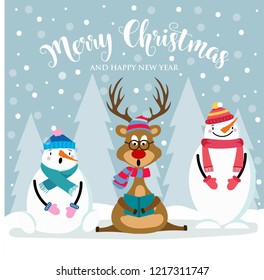 Christmas card with cute snowman, reinder and wishes. Flat design. Vector