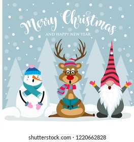 Christmas card with cute snowman, reinder and gnome. Flat design. Vector