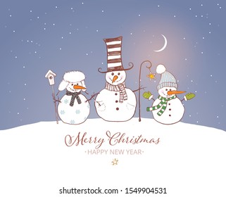 Christmas card with cute snowman and rustic christmas tree on winter night sky background.