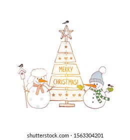 Christmas card with cute snowman and rustic christmas tree on white background