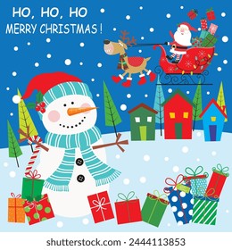 Christmas card with cute snowman, santa, sleigh and gifts