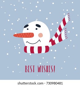 Christmas card with cute snowman in scarf. Vector illustration is suitable for using a greeting card, poster and so on.