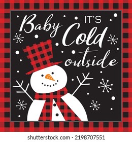 Christmas card with cute snowman, text and buffalo plaid