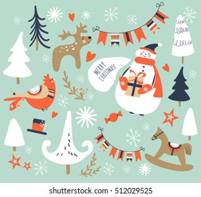 Christmas card with cute snowman, trees, flowers, mittens, snowflakes and Christmas toys, deer, bird, horse and hearts and stars