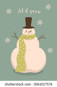 Christmas card with a cute snowman. Vector graphics.