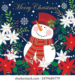 Christmas card with cute snowman and wreath flowers