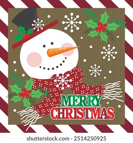 Christmas card with cute snowman and wreath