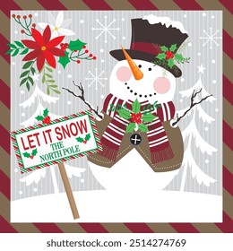 Christmas card with cute snowman, wreath and sign board
